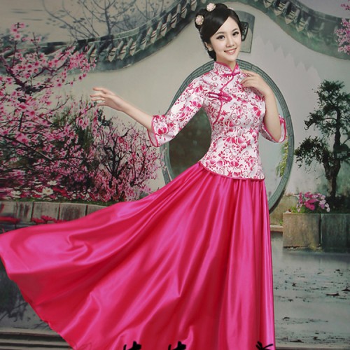 Women's Chinese ancient folk dance dresses traditional costumes china style zheng fairy drama cosplay stage performance dance cheongsam dress 